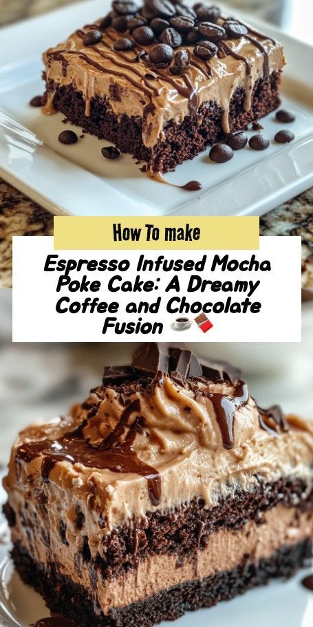 Chocolate Espresso Infused Mocha Poke Cake Recipe: Indulge in Coffee & Chocolate Bliss! Satisfy your sweet tooth with this Espresso Infused Mocha Poke Cake! This dreamy dessert combines rich espresso and smooth chocolate for a mouthwatering experience. Perfect for coffee lovers, this cake is easy to make and ideal for any celebration or a delightful midday treat. Enjoy every luscious bite of this chocolate coffee fusion! Mocha Poke Cake, Mocha Desserts, Espresso Dessert, Chocolate Raspberry Mousse Cake, Raspberry Mousse Cake, Chocolate Espresso Cake, Espresso Cake, Poke Cake Recipe, Chocolate Poke Cake