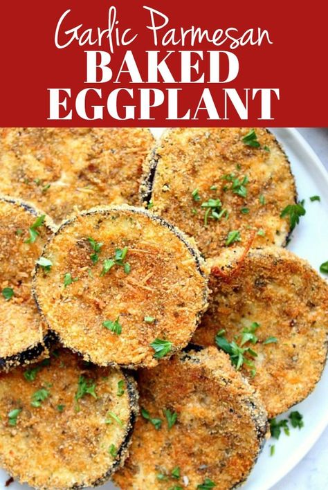 Garlic Parmesan Baked Eggplant - crispy baked, not fried, eggplant with garlic Parmesan breading. A delicious way to enjoy this fall vegetable! #sidedish #vegetarian #eggplant Eggpla T Parmesan, Parmesan Crusted Eggplant Recipe, Baked Egg Plant Recipes Easy, Ways To Make Eggplant, Parmesan Crusted Eggplant, Yummy Eggplant Recipes, Things To Make With Eggplant, Parmesan Eggplant Recipes, Egg Plant Recipes Baked