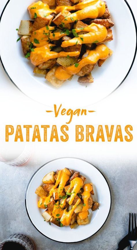 Patatas bravas are traditional Spanish tapas: fried potatoes with a warm sauce. This patatas bravas recipe is a vegan tapas rendition and just as delicious! #healthy #mealprep #vegan #tapas #vegantapas #healthytapas #patatas #patatasbravas #spanishfood #spain Vegan Tapas, Tapas Night, Healthy Vegan Snacks, Spanish Tapas, Spanish Recipes, Fried Potatoes, Spanish Food, Vegetarian Dinner, Vegan Meals