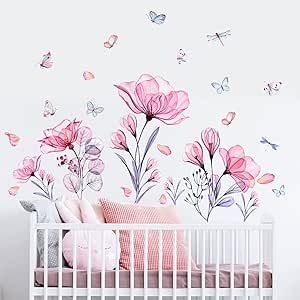 Prabahdak Pink Flowers Wall Decals Removable Butterflies Floral Flowerl Wall Stickers DIY Vinyl Self Adhesive Wall Mural for Nursery TV Background Kids Gilrs Rooms Bedroom Decoration Butterfly Garden Bedroom, Mural Butterfly, Mural For Nursery, Butterfly Nursery, Butterfly Wall Decals, Nursery Mural, Flower And Butterfly, Watercolor Butterfly, Flower Wall Decals