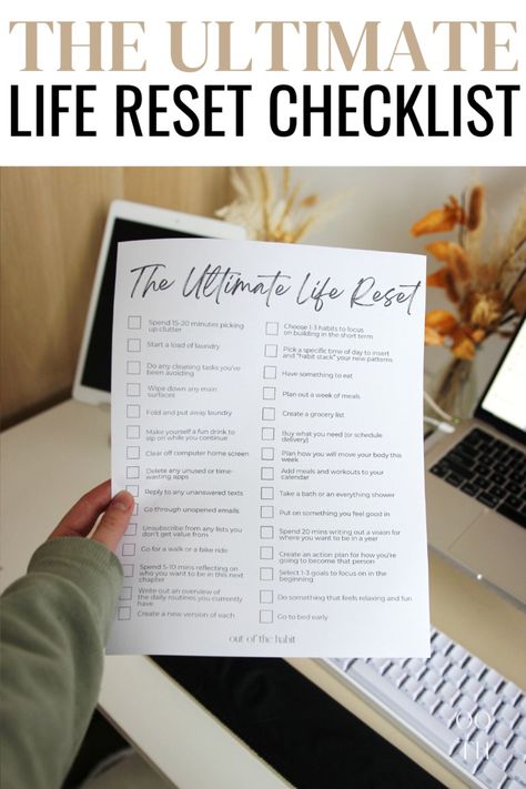 The Ultimate Life Reset Checklist | How to Reset Your Life - out of the habit Reset Checklist, Life Planner Printables, Reset Your Life, Life Reset, Habit Stacking, Self Help Skills, Self Organization, Low Intensity Workout, Post Workout Recovery