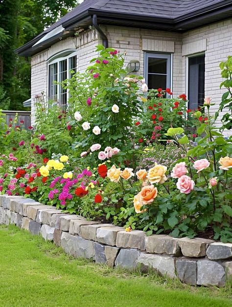 Backyard Patio Decorating Ideas, Rose Garden Ideas, Raised Flower Bed, Stone Flower Beds, Cottage Garden Borders, Landscaping With Roses, Rose Garden Design, Stone Pavers, Raised Flower Beds