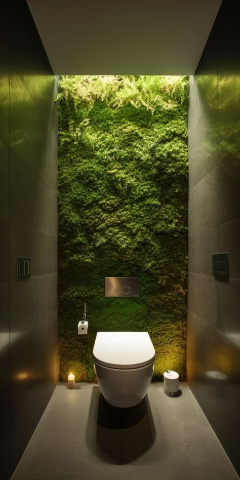 A beautiful and inviting toilet design, featuring a stunning and lush moss wall feature that infuses the space with organic texture and calming greenery. This pin showcases the perfect combination of nature and modernity, creating a unique and inspiring feature that elevates the entire space with its beauty and serenity. Bathroom Plants No Sunlight, Mos Wand, Bathroom Plants Decor, Bathroom Plant, Interior Design Plants, Moss Walls, House Interior Design Styles, Scandinavian Bathroom, Minimalist Kitchen Design