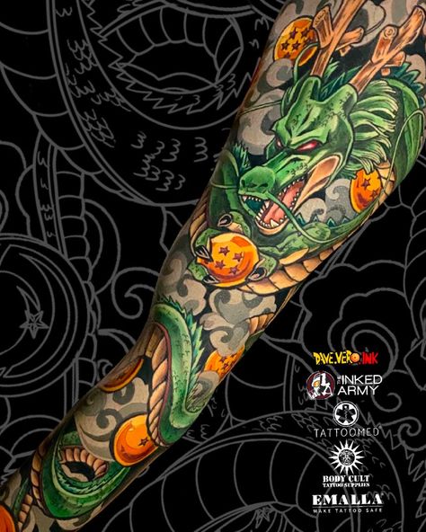 Dragonball Dragon Tattoo, Dragonball Z Dragon Tattoo, Shenron Wrap Around Tattoo, Shenron Arm Sleeve Tattoo, Shenron Back Tattoo, Dragon Ball Z Tattoo Leg Sleeve, Dragon Ball Arm Tattoo, Super Shenron Tattoo, Dragon Balls Tattoos