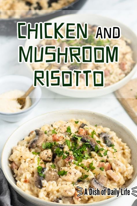 Dive into this creamy Chicken and Mushroom Risotto that’s bursting with flavors and easy to make. Perfect for any dinner table! #chickenandmushroomrisotto #mushroomrisottoandchicken #mushroomrisotto #chickenrisotto #chickenrisottowithmushrooms #mushroomrisottowithchicken #chickenandmushroomrisottorecipe #bestchickenandmushroomrisotto #risotto #homemaderisotto #easyrisotto #creamychickenandmushroomrisotto #adishofdailylife #dishofdailylife Chicken Risotto Casserole, Risotto Recipes With Chicken, Chicken Mushroom Risotto Recipes, Mushroom Risotto With Chicken, Chicken And Risotto Recipes, Mushroom Chicken Risotto, Chicken Mushroom Risotto, Chicken Risotto Recipe, Chicken And Mushroom Risotto