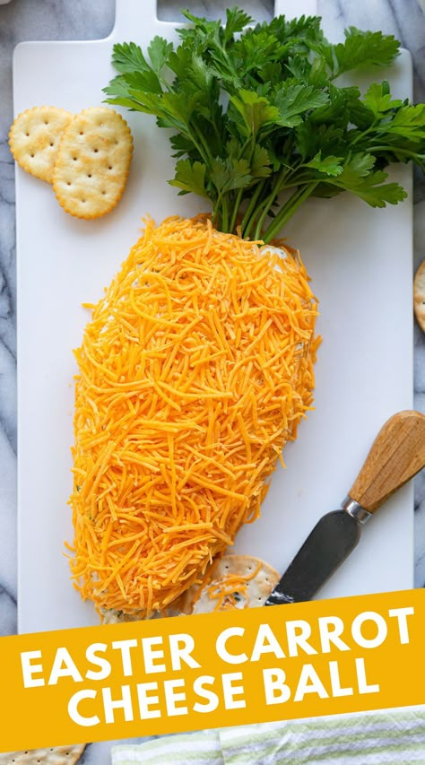 This is an adorable Easter appetizer for your table spread made with a delicious cheese ball shaped into a carrot and covered with shredded cheddar cheese with fresh parsley as the "carrot top"! Your Easter crowd will love this recipe! Easter Cheese Ball Recipes, Carrot Cheese Ball, Easter Cheese Ball, Cracker Spreads, Easter Apps, Easter Cheese, September Flower, Sweet Appetizer, Cheese Ball Recipe