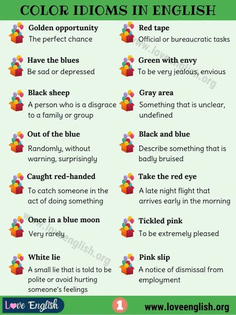 Color Idioms: 29 Awesome Color Idioms to Develop Your English - Love English Colour Idioms With Meanings, Color Idioms, Idioms In English, Common Idioms, English Grammar For Kids, Grammar For Kids, English Love, Idioms And Phrases, Grammar Vocabulary