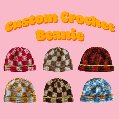 Crochet Checkered Beanie Pattern, Crochet Checkered Beanie, Checkered Beanie, Checkered Crochet, Crochet Checkered, Crochet Granny Stitch, Granny Stitch, Handmade Beanies, Custom Crochet