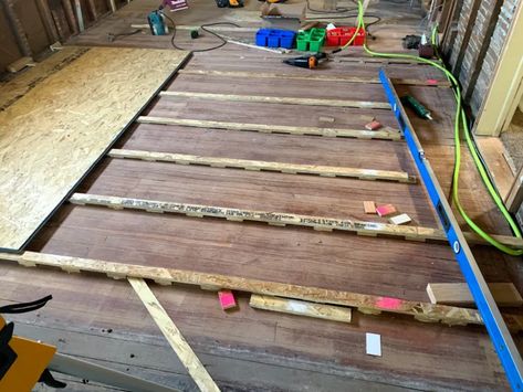 1x6 Flooring Diy, How To Level Floors In An Old House, Level Floors In Old House, How To Level A Floor In An Old House, Floor Leveling Diy, Leveling Floors In Old House, Level Concrete Floor, Modern Farmhouse Makeover, Self Leveling Floor