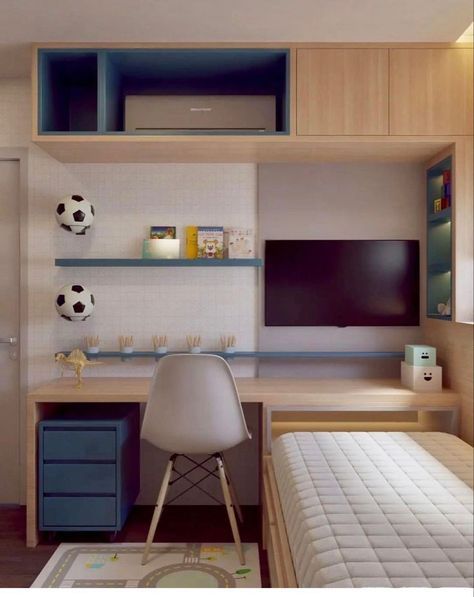 Small Boys Bedrooms, Small Kids Bedroom, Design Ložnic, Small Bedroom Interior, Teenage Boy Room, Small Kids Room, Boys Room Design, Boys Bedroom Makeover, Study Room Design