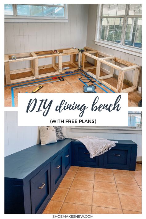 This space-saving dining solution also has a ton of storage with built-in drawers - it's a surprisingly easy build and made such a big difference in our kitchen. This DIY navy built-in dining bench should definitely be on your project list. #diningbench #breakfastnook #diybuiltins #storagebench #navybreakfastnook Diy Breakfast Nook Bench, Built In Dining Bench, Seating In Kitchen, Diy Breakfast Nook, Breakfast Nook Bench, Nook Bench, Banquette Seating In Kitchen, Diy Breakfast, Diy Dining