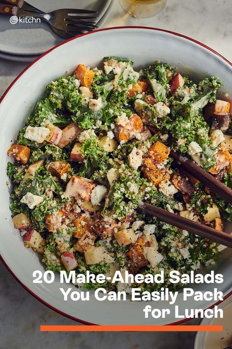 For each of these recipes, we’ve also included a tip for making sure they stay perfectly fresh and don’t wilt before lunchtime rolls around. Usually this is nothing more than packing the dressing on the side, so don’t worry about having to put in extra work. Here are 20 make-ahead salads to prep and eat all week long. #salad #salads #saladrecipes #saladideas #saladrecipe #mealprep #mealprepping #lunchideas Lunch Salad Prep, Lunch Prep Salad, Best Lunch Salads For Work, Meal Prep Lunch Salad, Salads Prep For The Week, Meal Prep That Stays Fresh, Lunchtime Salads, Batch Salad Prep, Bulk Salad Recipes