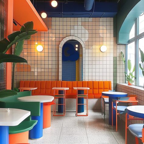 Mezzanine Restaurant Design, Coffee Shop Design Colorful, Quirky Cafe Interior, Small Burger Shop Design, Small Cafe Design Ideas, Retro Restaurant Design, Colourful Cafe, Funky Cafe, Quirky Cafe