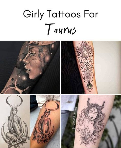 Ornamental Taurus Tattoo, Goddess Tattoo Design Taurus, Taurus Mermaid Tattoo, Elegant Taurus Tattoo, Feminine Taurus Tattoo Ideas, Taurus Female Tattoo, Taurus Forearm Tattoo, Bull Tattoo Feminine Taurus, Taurus Goddess Tattoos For Women