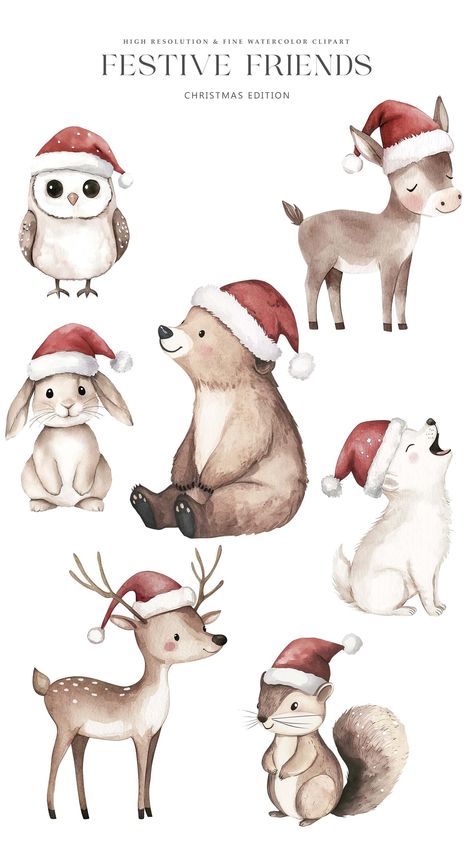 Cute Illustration Christmas, Christmas Illustration Animals, Cute Winter Animals Illustration, Christmas Animal Illustration, Christmas Card Animals, Cute Christmas Animals Drawings, Christmas Animal Art, Christmas Animal Drawing, Christmas Animals Drawing