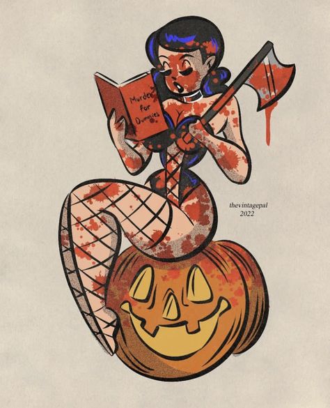 Halloween Pin Up Art, Art Person, Pin Up Cartoons, Arte Pulp, Halloween Pin Up, C Art, Spooky Tattoos, Halloween Artwork, Halloween Pins