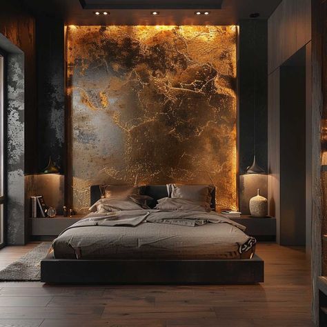 10+ Ideas for Painting Bedroom Walls for a Chic Industrial Look • 333+ Art Images Modern Contemporary Bedroom Master Suite Accent Walls, Black Copper Bedroom, Modern Faux Finishes For Walls, Bed Backboard Ideas, Bed Background Wall Design, Industrial Wall Design Ideas, Bedroom Soffit Ideas, Modern Patina Wall, Bedroom Headboard Wall Ideas