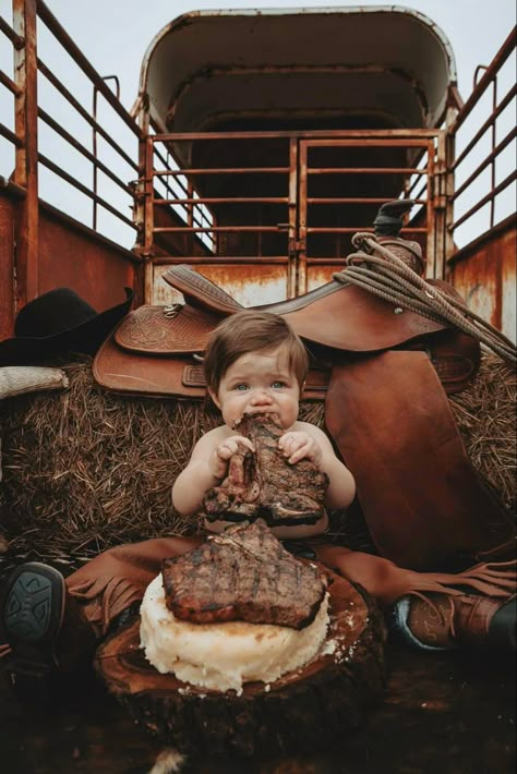 1st Birthday Smash Cake Photoshoot, Steak Smash, Birthday Smash Cake Photoshoot, Cowboy First Birthday, 1st Birthday Smash Cake, Rodeo Birthday Parties, 1st Rodeo, Cake Photoshoot, Birthday Smash Cake