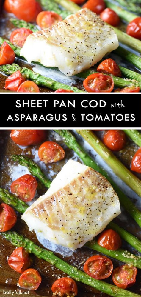 Sheet pan cod w/asparagus and tomatoes Sheet Pan Cod, Southern Dinner, Grilled Lobster, Lobster Tail, Baked Cod, Cod Recipes, Salmon Patties, Easy Seafood Recipes, Quick Weeknight Dinners