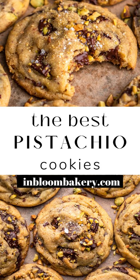 These are the best pistachio cookies! They are thick and chewy, loaded with pistachio flavor and dark chocolate chunks. If you're a fan of pistachios you will absolutely love these cookies! Pistachio Chocolate Chunk Cookies, Salted Pistachio Chocolate Chunk Cookies, Pistachio Tahini Cookies, Sea Salt Dark Chocolate Pistachio Cookies, Chocolate And Pistachio Desserts, Over The Top Cookie Recipes, Pistachio Dinner Recipes, Pistachio Filled Cookies, Healthy Tahini Cookies