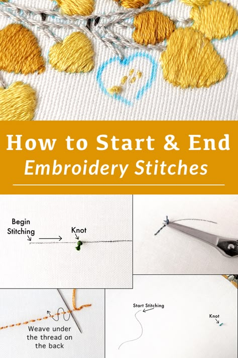 Embroidery Uses Projects, Ending Embroidery Stitch, How To Embroider Beginner, How To Secure Embroidery, How To Start Embroidery Without A Knot, How To End Cross Stitch Thread, How To Create Your Own Embroidery Design, Tying Off Embroidery, Learn To Needlepoint