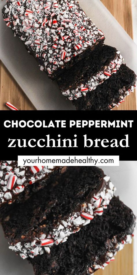 Chocolate zucchini bread decorated with chocolate ganache and topped with crushed candy canes. Peppermint Bread Pudding, Peppermint Mocha Sourdough Bread, Gingerbread Zucchini Bread, Christmas Zucchini Bread, Chocolate Peppermint Sourdough Bread, Chocolate Peppermint Loaf Cake, Peppermint Bread Recipes, Christmas Breads To Make, Healthy Peppermint Desserts