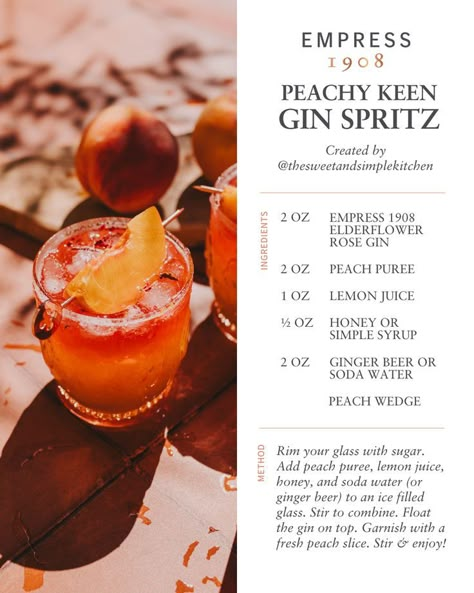 Peach Spritz, Gin Ingredients, Empress 1908 Gin, Rose Drink, Gin Recipes, Peach Puree, Juicy Peach, Gin Drinks, Yummy Alcoholic Drinks