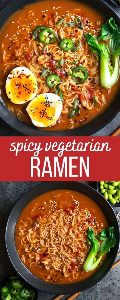 vegetarian ramen noodles with spicy broth, soft boiled eggs, bok chop, jalapeños, chili garlic sauce, and sesame seeds Spicy Ramen Soup, Spicy Ramen Noodle Recipes, Spicy Ramen Recipe, Vegetarian Ramen Recipe, Ramen Noodle Recipes Soup, Vegan Broth, Vegan Ramen Recipes, Garlic Chili Oil, Spicy Vegetarian Recipes