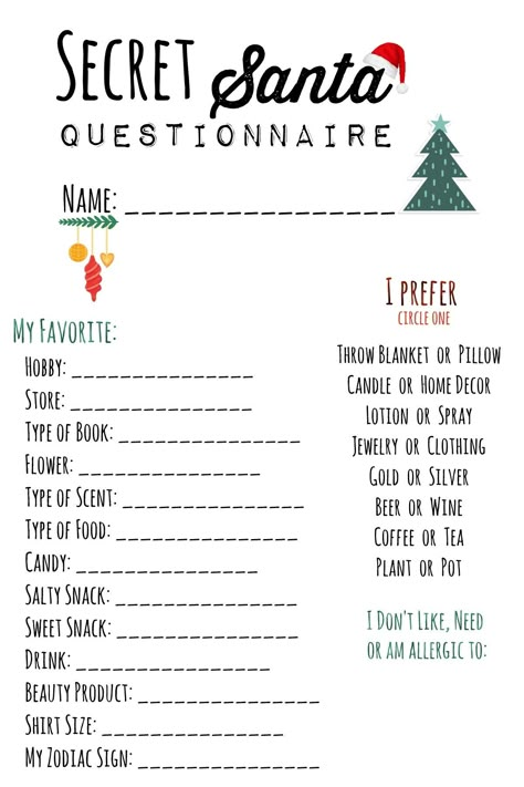 Secret Santa Printable, Secret Santa Questions, Secret Santa List, Work Secret Santa, Secret Santa Questionnaire, Secret Santa Christmas Gifts, Christmas Sleepover, Santa Printable, Secret Santa Ideas