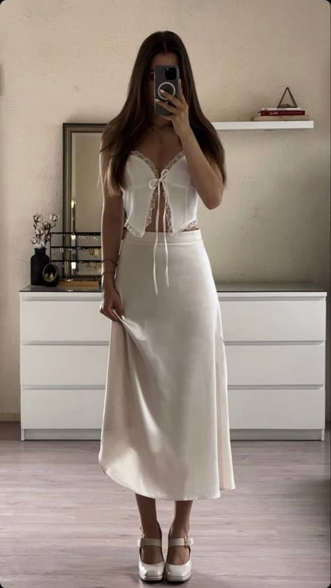 White Satin Midi Skirt Outfit, Ethereal Aesthetic Fashion Casual, Satin Outfit Ideas, Flowy Outfit, Midi Satin Skirt, Truth Dare, Satin Outfit, Soft Feminine Outfits, Satin Skirt Outfit