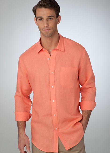 Coral - The Leeward Linen Shirt Orange Linen Shirt Outfit, Linen 2023, Photo Suit, Linen Shirt Outfit, Groomsmen Photo, Orange Long Sleeve Shirt, Coral Shirt, Shirt Outfit Men, Preppy Clothes