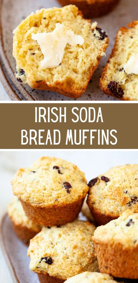 Ready in less than 30 minutes, these Irish soda bread muffins combine the flavor of Irish soda bread with the fluffy texture of a muffin. This recipe is perfect to have around for breakfast or for a St. Patrick's Day celebration! Soda Bread Muffins, Bread Muffins Recipe, Irish Soda Bread Muffins, Irish Foods, Traditional Irish Soda Bread, Baking Breads, Irish Soda Bread Recipe, Muffin Tops, Irish Food