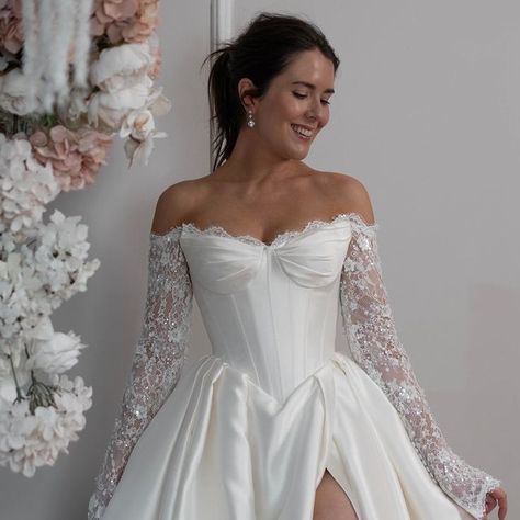 Blanche on Instagram: "Who’s fallen in love with GAIA 2.0’s basque waist?" Wedding Dress With Basque Waist, Basque Waist Wedding Dress Long Sleeve, Corset Off The Shoulder Wedding Dress, Big Chest Wedding Dress, Hallowedding Dress, Corset Basque Waist Wedding Dress, Basque Waste Wedding Dress, Lace Basque Waist Wedding Dress, Wedding Dresses Basque Waist