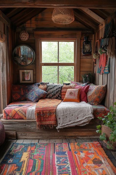 29 Small Cabin Interior Bedroom Ideas to Add Charm to Small Spaces 26 Cabin Interior Bedroom, Cabin Interiors Bedroom, Small Cabin Bedroom, Cabin Interiors Rustic, Eclectic Cabin, Tiny Cabin Decor, Tiny Cabins Interiors, Cabin Bedroom Ideas, Boho Cabin