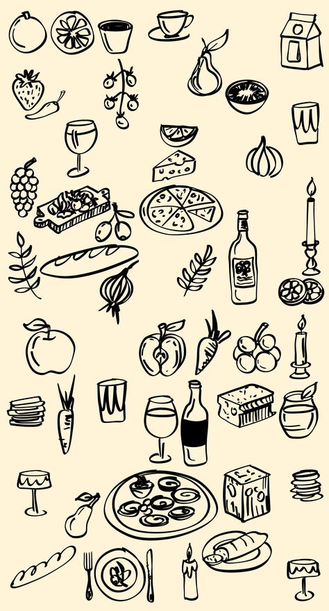 Soup Doodle Drawing, Charcuterie Line Drawing, Italian Sketches Drawings, Italian Food Illustration Graphic Design, Food And Drink Illustration, Hand Drawn Food Illustration, Food Drawing Black And White, Pizza Doodle Drawings, Graphic Design Doodles