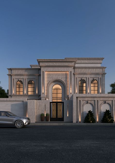 SHRY_Private villa in Riyadh on Behance Classic Villa Exterior, New Classic Villa, Classic Villa Design, Classical Villa, Classical Facade, Villa Exterior Design, Classic Facade, Home Designs Exterior, Classic House Exterior