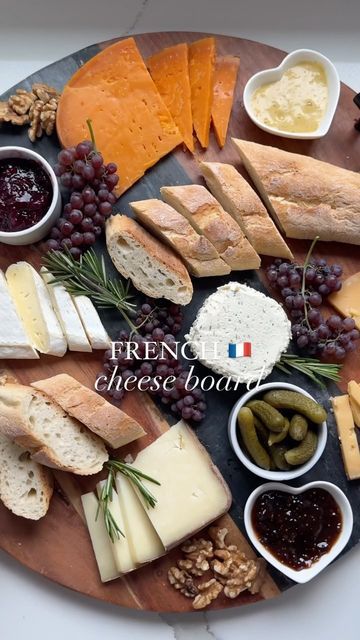 Nicolle Love | Cheese, Wine, Recipes & Dinner Parties on Instagram: "Comment CHEESE for a full grocery list to buy everything you need to recreate this board 🇫🇷🧀 (make sure you are following mw to receive the message!)  Cheese & charcuterie boards were invented by the French as a way for people to graze on cheese, meats and other accompaniments!   We usually eat cheese boards for appetizers but in France they are usually severed after dinner and before dessert 🤯  No matter the time of day you enjoy serving them, pair with wine and good company 🍷🧀  SAVE this so you can recreate a cheese board like a pro and follow @convinoboard for more ✅🧀  #cheeseboard #cheese #appetizer #grazingplatter #entertainingathome #dinnerparty #frenchcheese" Charcuterie Board French, French Charcuterie Board, French Cheese Plate, French Cheese Board, Cheese Board Ideas, Thanksgiving Charcuterie, French Wines, Perfect Cheese Board, Cheese Appetizer