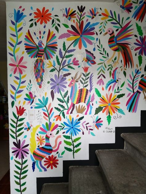 Mexican Artwork Murals, Mexican Bright Colors, Mexican Flower Wall, Mexican Art Mural, Mexican Flower Mural, Otomi Mural, Mexican Art Wall, Mexican Inspired Wallpaper, Mexican Wall Mural