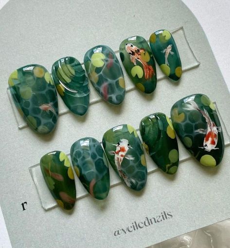 Fish Nail Art, Fish Nails, Nail Piercing, Asian Nails, Medium Almond, Crazy Nails, Really Cute Nails, Cute Nail Art, Dream Nails