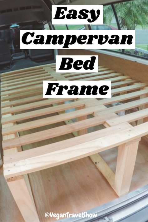 In our YouTube DIY van conversion video series we show how to build an easy and simple campervan for complete beginners. We design and install the interior of our small Toyota Hiace Commuter. Here's how to build a bed frame! Our van was custom made and designed by ourselves using only basic tools with no building experience at all! If you need ideas for your own campervan fitout check out our build series on youtube. | Vanlife Guide | Vegan Travel Show #vanbuild #diy #campervan #vanlife #offgrid Camper Van Simple, Simple Van Interior, Van Build Bed Ideas, Diy Van Bed Platform, Campervan Beds Ideas, Self Build Campervan Interior, Small Van Interior Ideas, Van Fitout Ideas, Easy Van Build