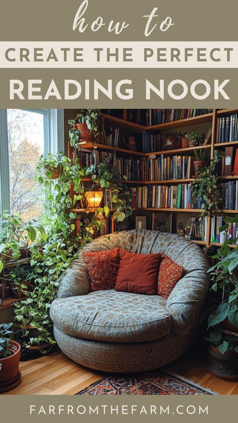 How to Create the Perfect Reading Nook Dark Nook Ideas, Boho Library Decor, Reading Nook Pendant Light, Cozy Beanbag Corner, Reading Room Plants, Reading Corner Built In, Reading Nook Behind Couch, Reading Alcove Cozy Nook, Green Reading Corner