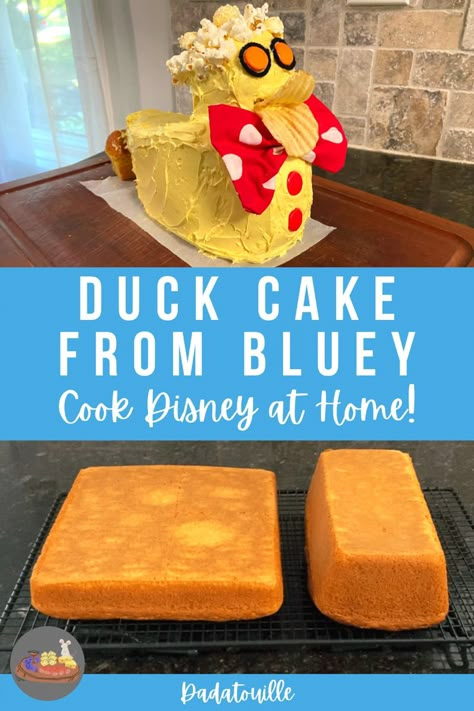 Here is a guide to making the duck cake as seen in Bluey! Anyone can do it, this was really my first time decorating a cake like this and I was able to do it! Like Bandit, it wasn’t exactly by the book, but I did my best! I had fun and my family enjoyed it, and that’s what counts! Bingo Duck Cake, Duck Cake From Bluey Cake, Diy Duck Cake Bluey, Bluey Cake Duck, Bluey Duck Cake Recipe, Bluey Birthday Cake Duck, Bluey Birthday Party Duck Cake, How To Make A Duck Cake, Bluey Cookie Cake Ideas