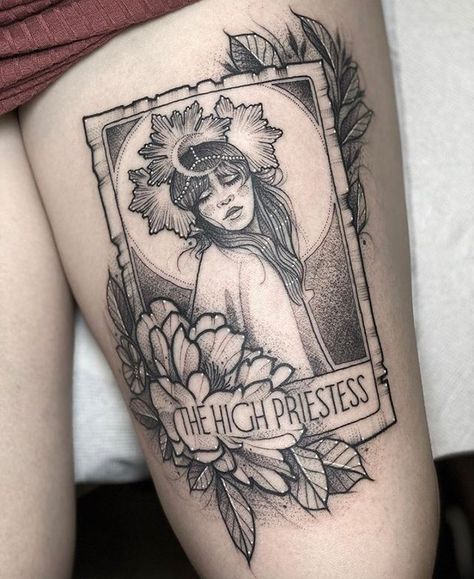 Blood Moon Tattoo, Empowering Tattoos, Tarot Tattoo, Tarot Card Tattoo, Card Tattoo Designs, The High Priestess, Mushroom Tattoos, High Priestess, Thigh Tattoos Women