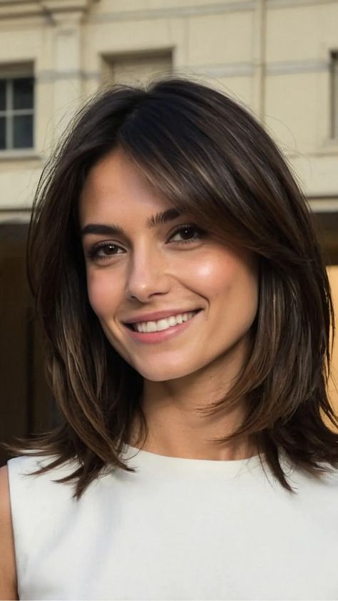 Fabulous Fifty: 15 Shoulder-Length Hairstyles with Layers and Bangs - pulsepathlife.com Hairstyles With Layers And Bangs, Above Shoulder Length Hair, Hairstyles With Layers, Haircuts With Layers, Rambut Brunette, Haircuts For Medium Length Hair, Fine Straight Hair, Layers And Bangs, Layered Haircuts For Medium Hair