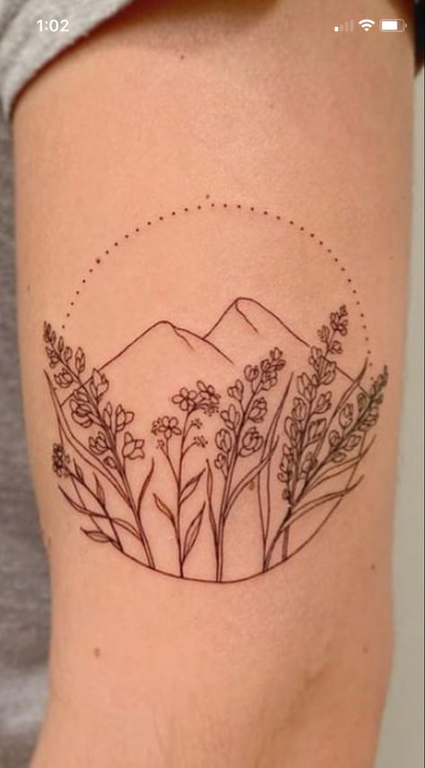 Mountain Tattoo Flower, Garden Of The Gods Colorado Tattoo, Busch Light Mountains Tattoo, Mountains Flowers Tattoo, Mountain And Flower Tattoo Simple, Mountain And Birth Flower Tattoo, Women’s Mountain Tattoos, Glacier National Park Tattoo Ideas, Montana Flower Tattoo