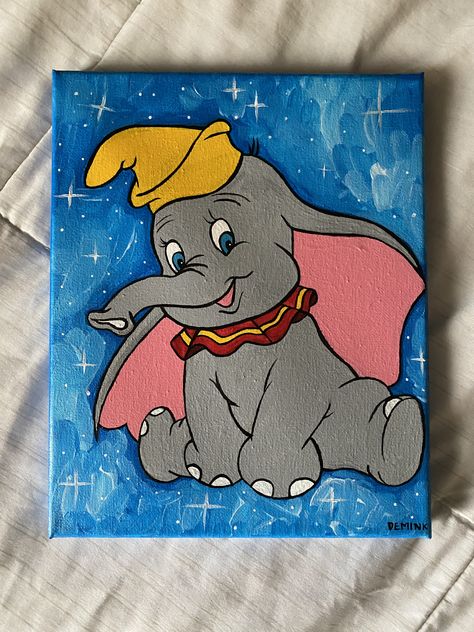 Dumbo Canvas Painting, Mini Square Canvas Paintings Easy, Dumbo Painting, Cool Easy Paintings On Canvas, Cartoon Canvas Art, Celtic Alphabet, Disney Canvas Art, Disney Canvas, Vw Art