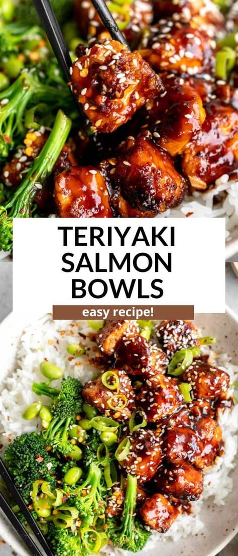 These teriyaki salmon bowls are the perfect easy and healthy dinner recipe. They're gluten free, with crispy air fryer, baked or pan fried salmon. Serve these salmon bowls with rice, veggies and more teriyaki sauce. Baked Teriyaki Salmon, Salmon Bowls, Salmon Teriyaki Recipe, Healthy Bowls Recipes, Healthy Salmon, Teriyaki Salmon, Healthy Bowls, Salmon Dishes, Perfect Dinner