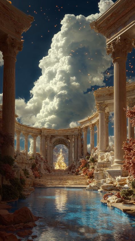 Fantasy Cloud Kingdom, Heaven Art Aesthetic, Throne Painting, Mansions In Heaven, Castle In Clouds, Henna Background, Fasting For God, Monster House Movie, Roman Castle