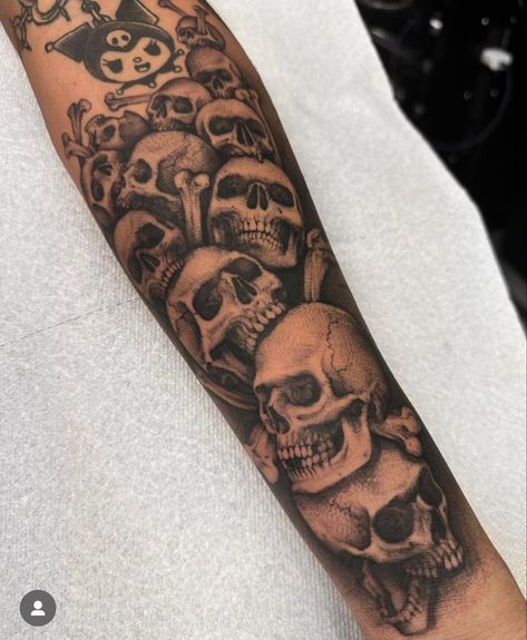 Men’s Skull Tattoos, Skull Bicep Tattoo, Skull Filler Tattoo Ideas, Arm Sleves Tattoo Design, Halloween Forearm Tattoo, Skull Tattoos Sleeve, Shin Tattoo Women, Skull Forearm Tattoo Men, Men Half Sleeve Tattoo Ideas