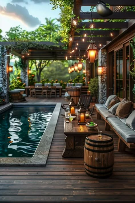 Cabin With Pool, Pool Entertainment Area, Deck With Hot Tub, Pool Deck Decor, Deck Decor Ideas, Pool Area Ideas, Lounge Pool, Moderne Pools, Modern Fountain